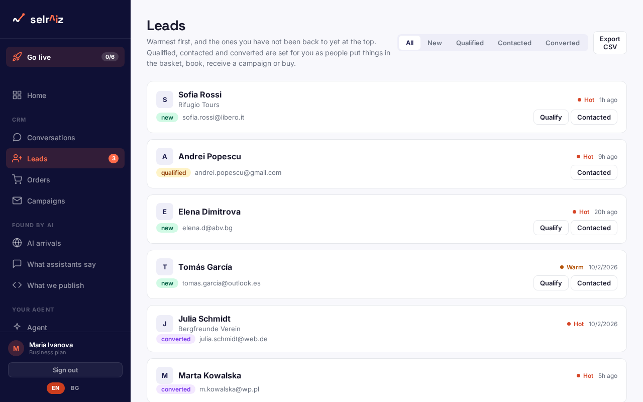 Selraiz leads: each shopper who left their details, marked hot or warm, with their stage and email