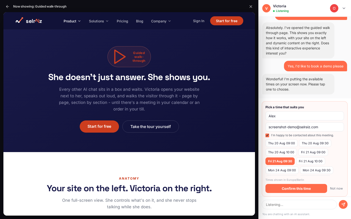 The booking step in Victoria's rail: a name and email field, a consent checkbox, and a grid of real open time slots with one selected and the confirm button live.