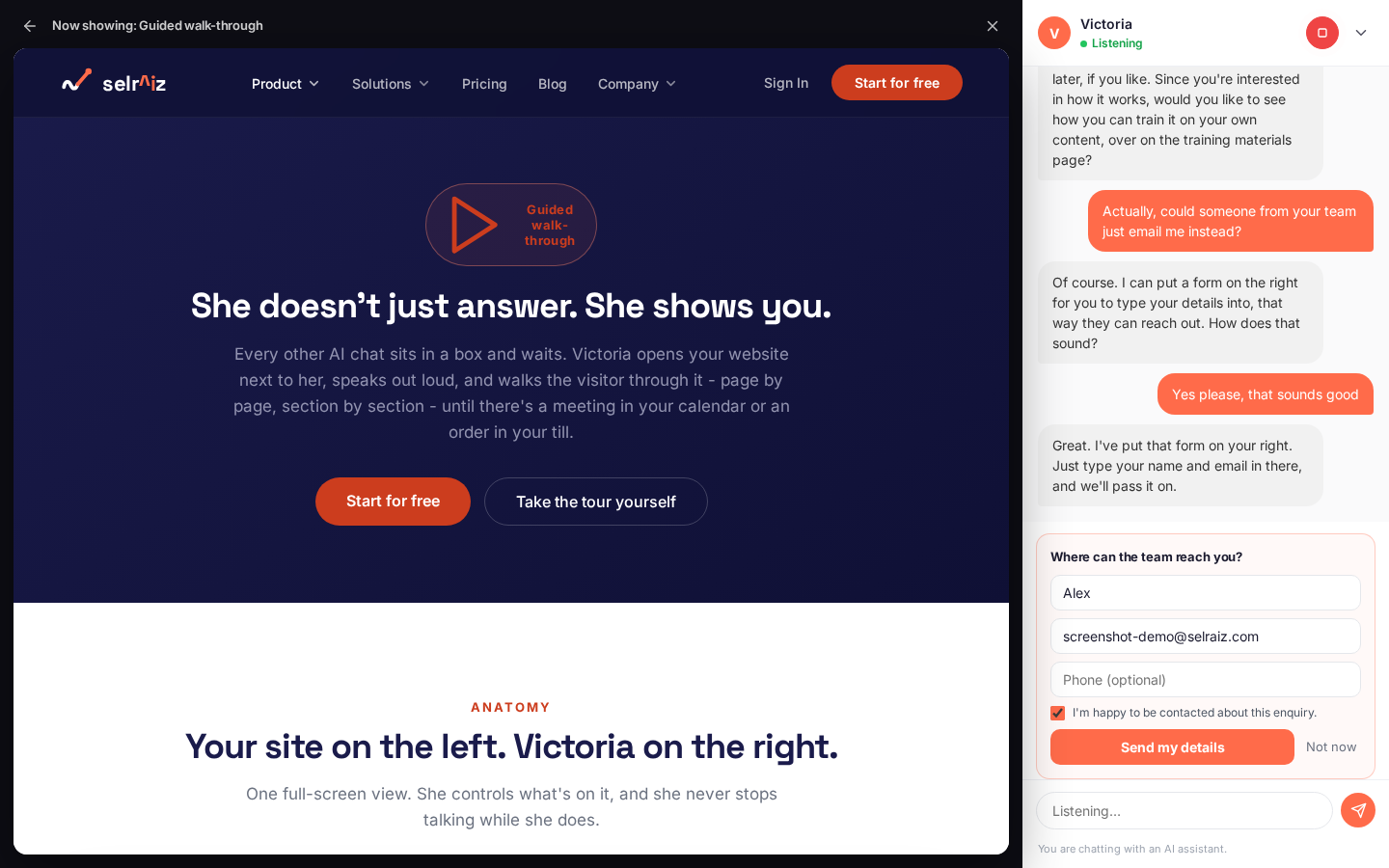 Victoria's rail showing the inline lead capture card - Where can the team reach you? - with first name and email filled in, an optional phone field, a ticked consent checkbox and a Send my details button, below her spoken message