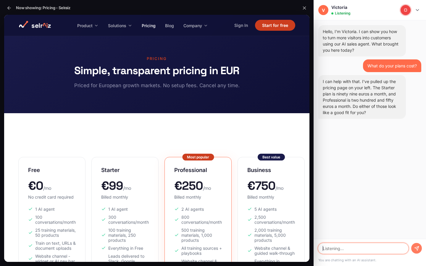 The guided walk-through open on a website: the pricing page rendered on the left showing the Free, Starter, Professional and Business plans, and Victoria's conversation rail docked on the right, quoting those same prices back out loud.